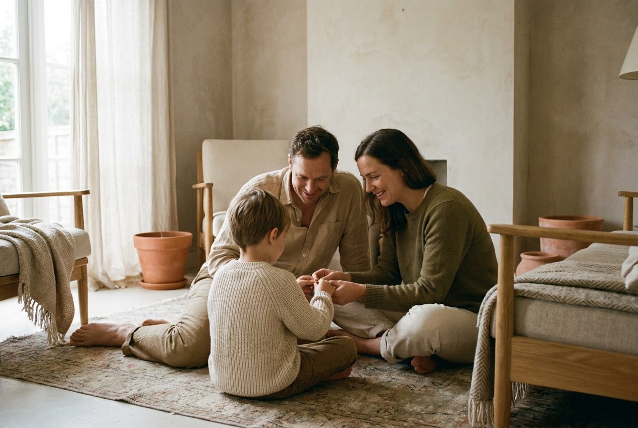Two parents sit on a living-room floor and lean in to hold their child's hands; the child sits with their back to the camera.