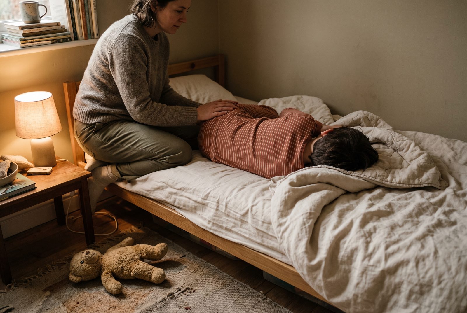 At bedtime a mother sits on the edge of a bed and rests her hands on the back of her child, who lies face down under a quilt.