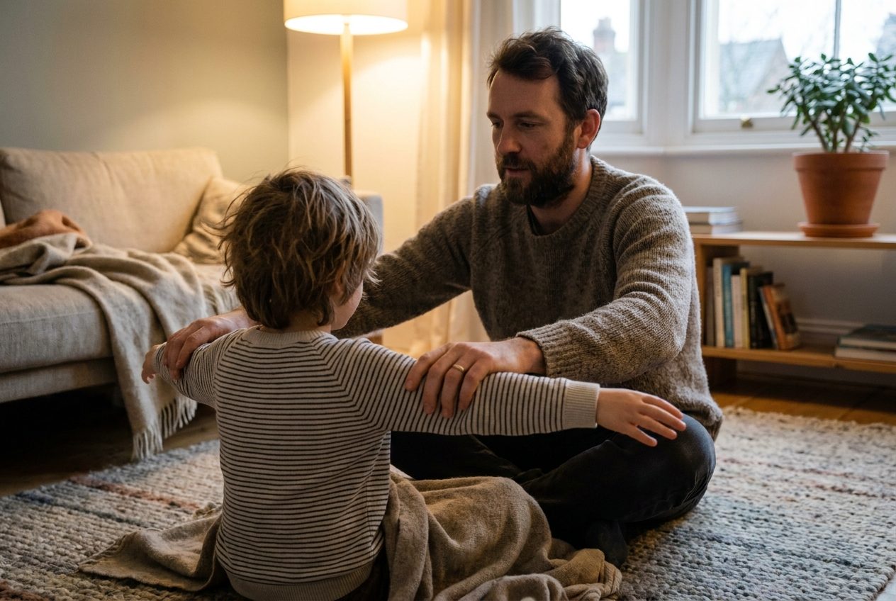 A father sits on a rug in lamp light and guides his child's arms; the child sits with their back to the camera.