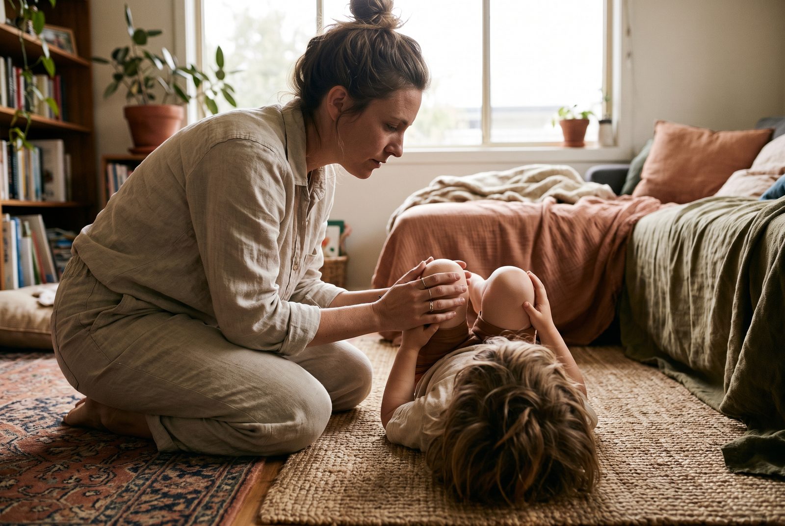 A mother kneels on a rug and gently holds the raised feet of her child, who lies on their back with the top of their head to the camera.