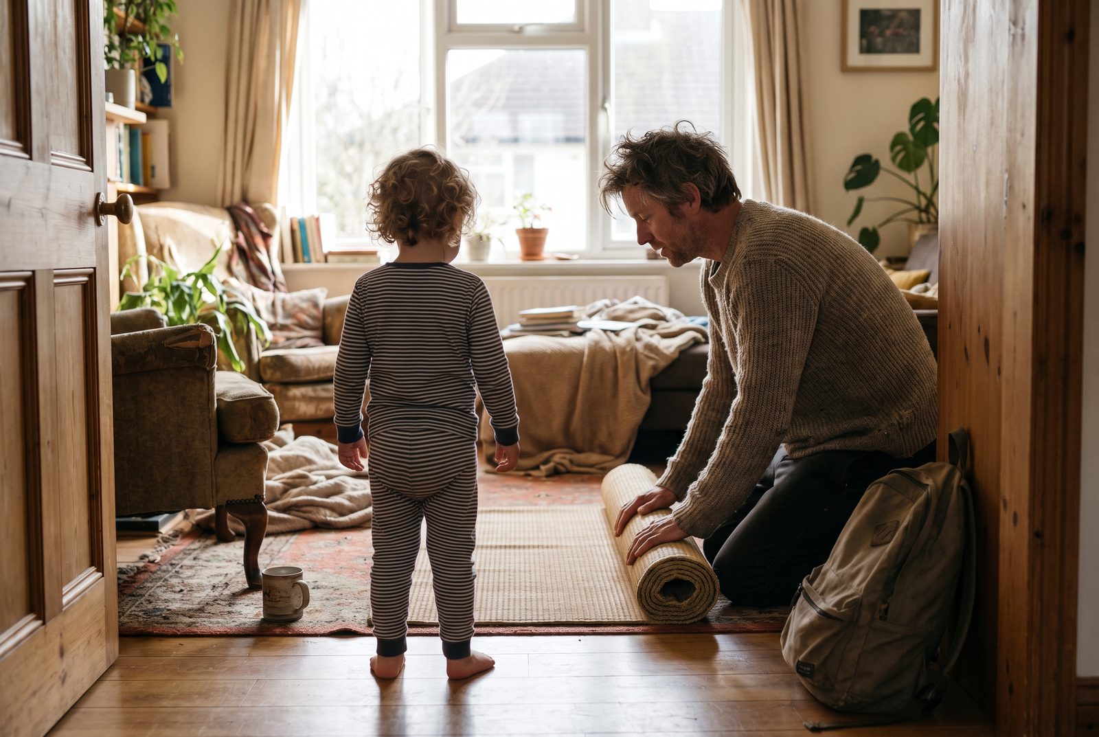 Early morning: a father unrolls a mat on the living-room floor while his child in pyjamas waits beside it, seen from behind.