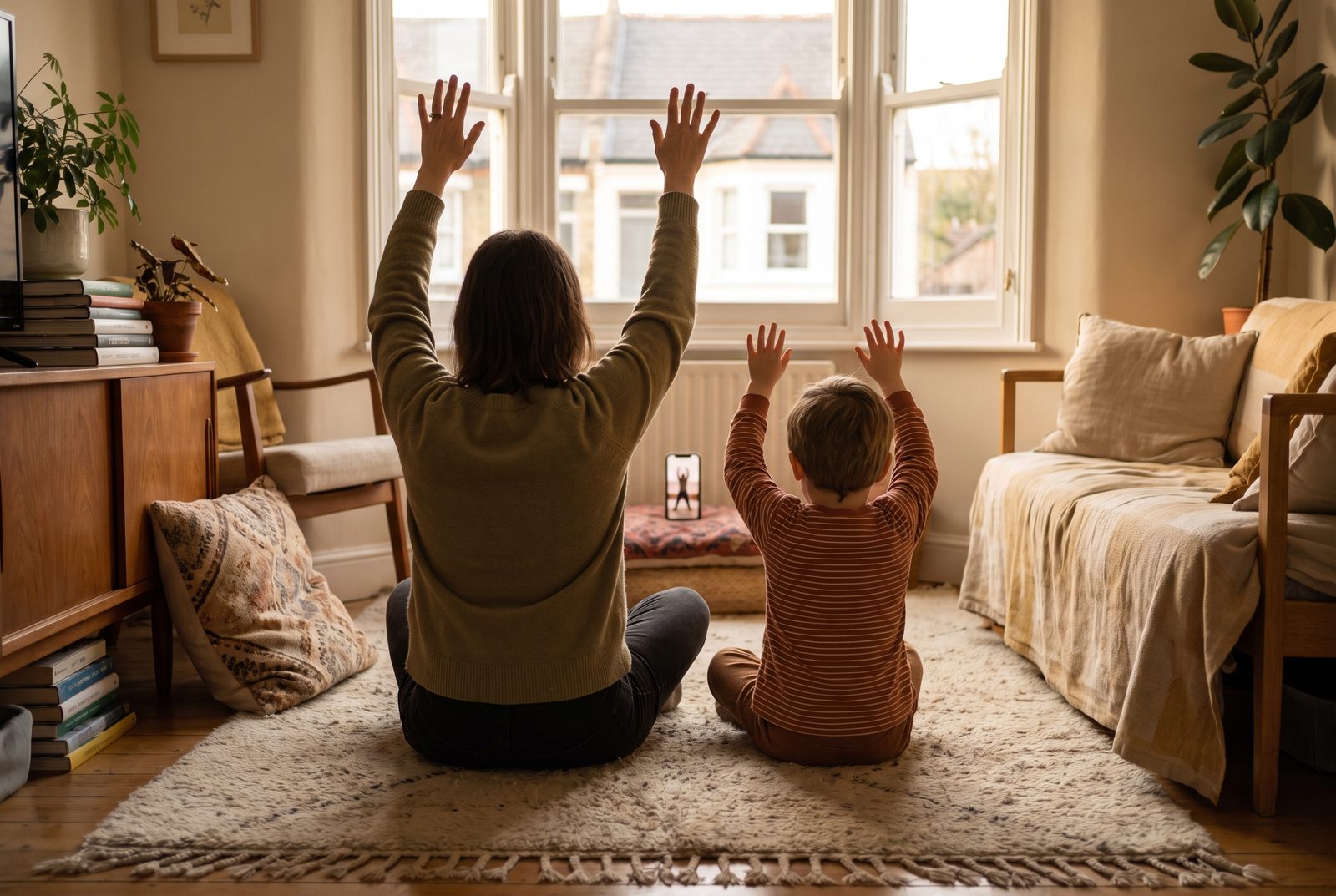 A mother and child sit on a rug with their backs to the camera, arms raised, following a phone propped on a ledge in front of them.