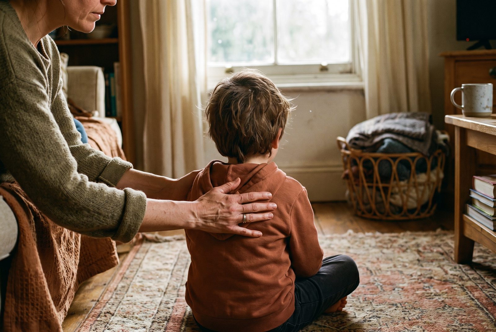A practitioner rests both hands on the shoulders of a child sitting cross-legged on a rug, seen from behind.